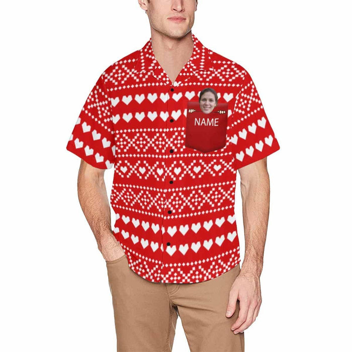 Custom Face&Name Red Patterns Men's All Over Print Hawaiian Shirt With Chest Pocket
