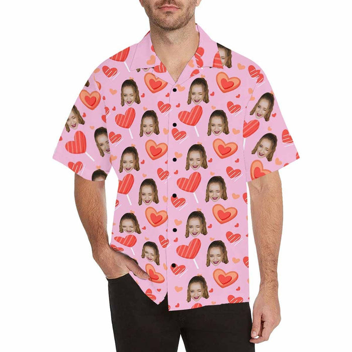 Custom Face Pink Cute Heart Men's All Over Print Hawaiian Shirt