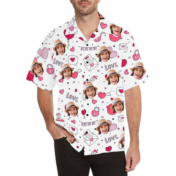 Custom Face Love Pink Heart Men's All Over Print Hawaiian Shirt