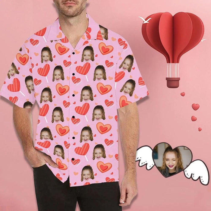 Custom Face Pink Cute Heart Men's All Over Print Hawaiian Shirt