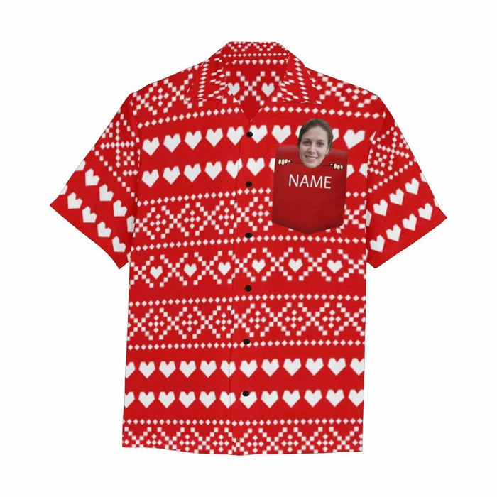 Custom Face&Name Red Patterns Men's All Over Print Hawaiian Shirt With Chest Pocket