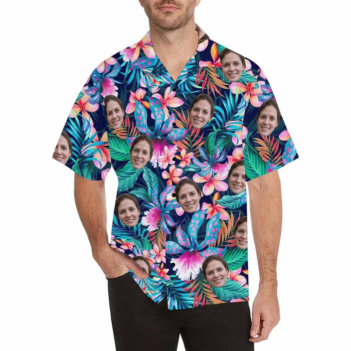 Best Gift for Him- Custom Face Colorful Flowers Men's All Over Print Hawaiian Shirt