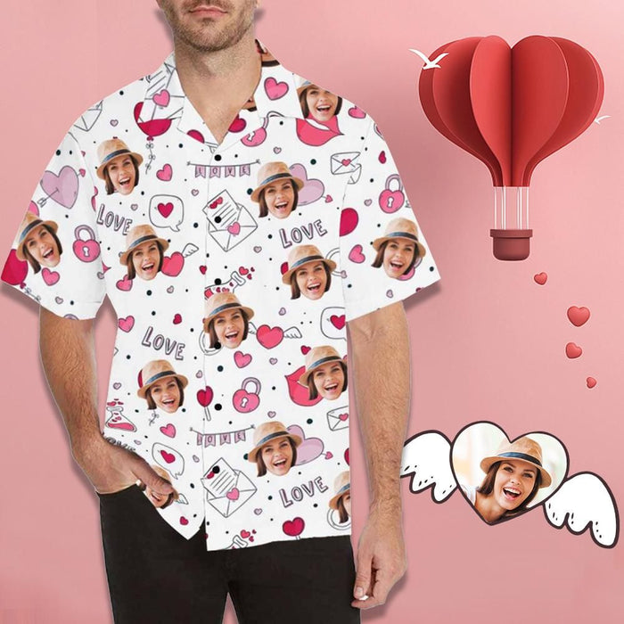 Custom Face Love Pink Heart Men's All Over Print Hawaiian Shirt