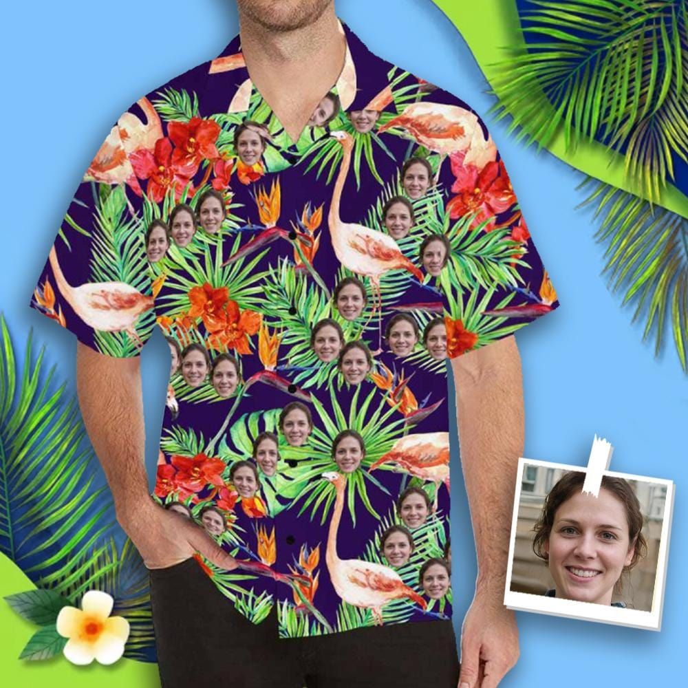 Custom Face Flamingo Leaves Men's All Over Print Hawaiian Shirt