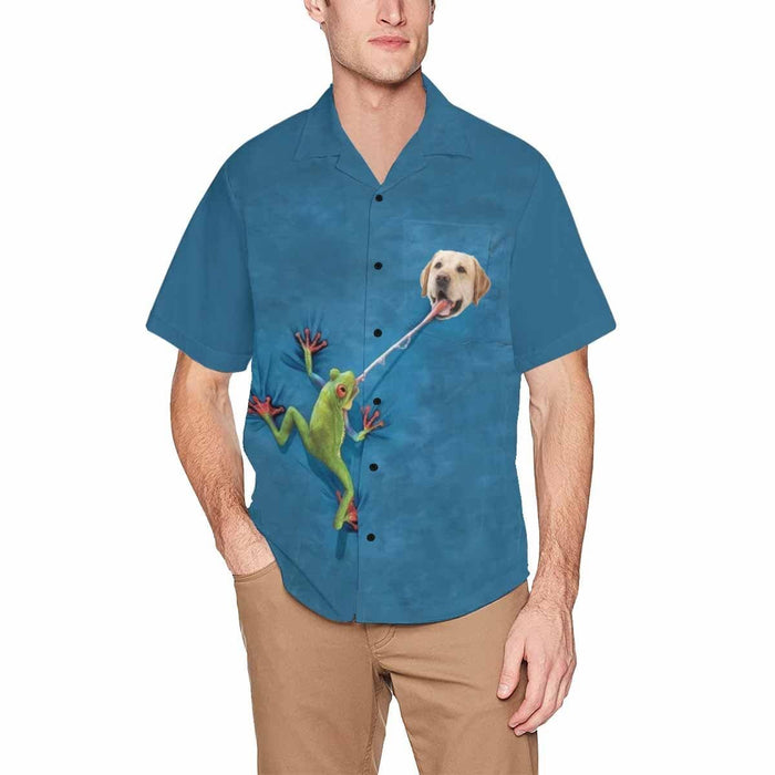 Custom Face Frog Blue Men's All Over Print Hawaiian Shirt With Chest Pocket