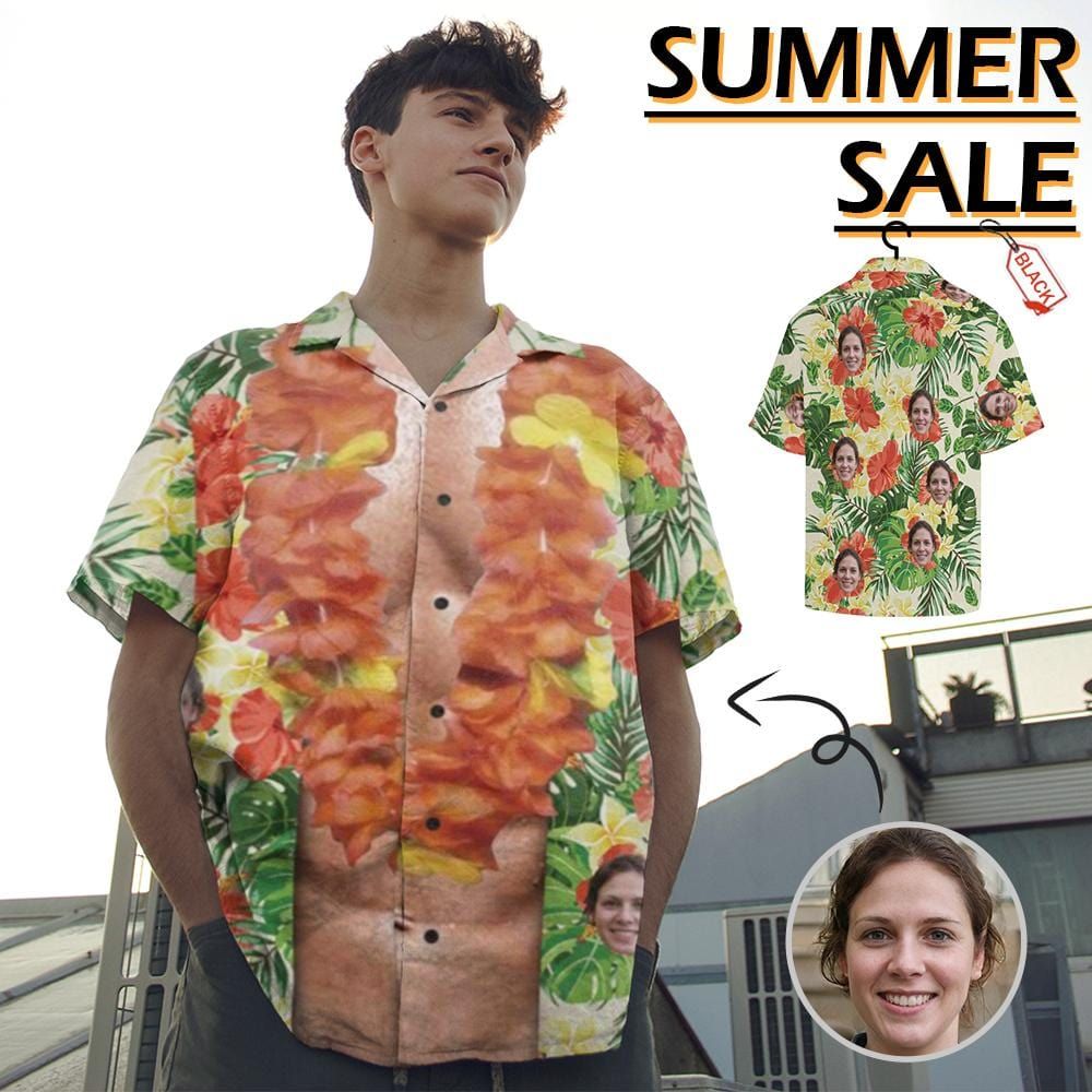 Custom Face Red Leaves Sexy Men's All Over Print Hawaiian Shirt
