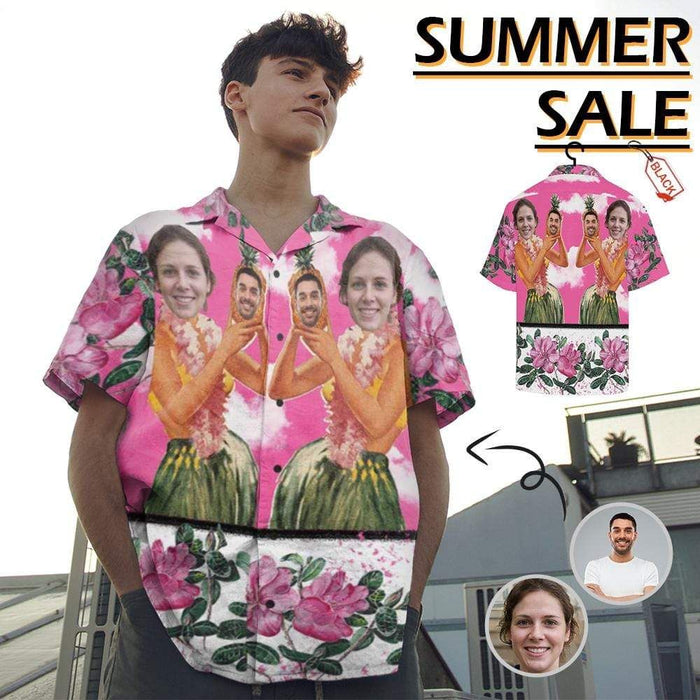 Custom Face Pink Sky Beauty Flower Men's All Over Print Hawaiian Shirt