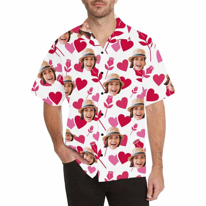 Custom Face Pink Rose Men's All Over Print Hawaiian Shirt
