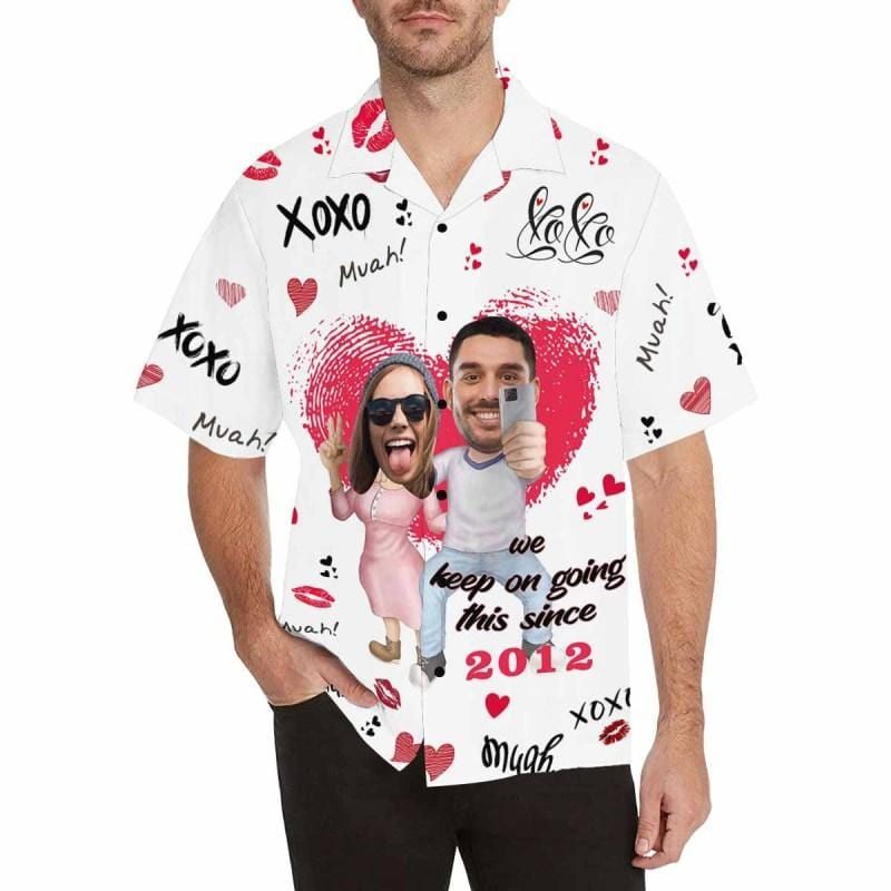 Custom Couple Face&Text Anniversary Photo Men's All Over Print Hawaiian Shirt