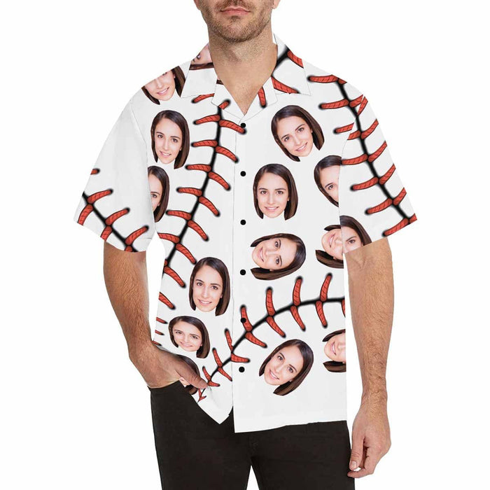 Custom Face Baseball White Men's All Over Print Hawaiian Shirt