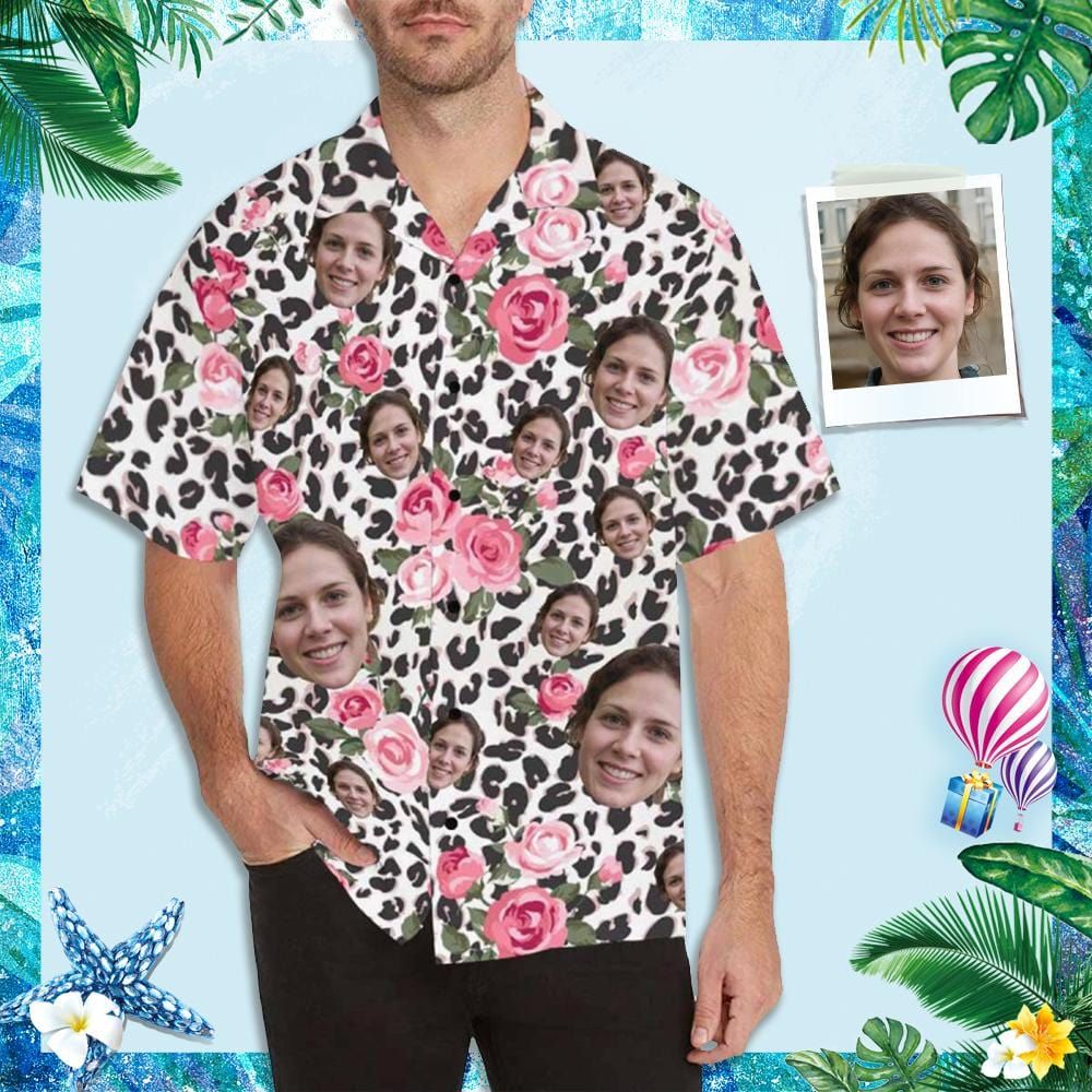 Custom Face Pink Leopard Men's All Over Print Hawaiian Shirt