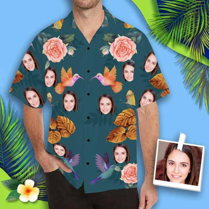 Custom Face Flower And Bird Men's All Over Print Hawaiian Shirt