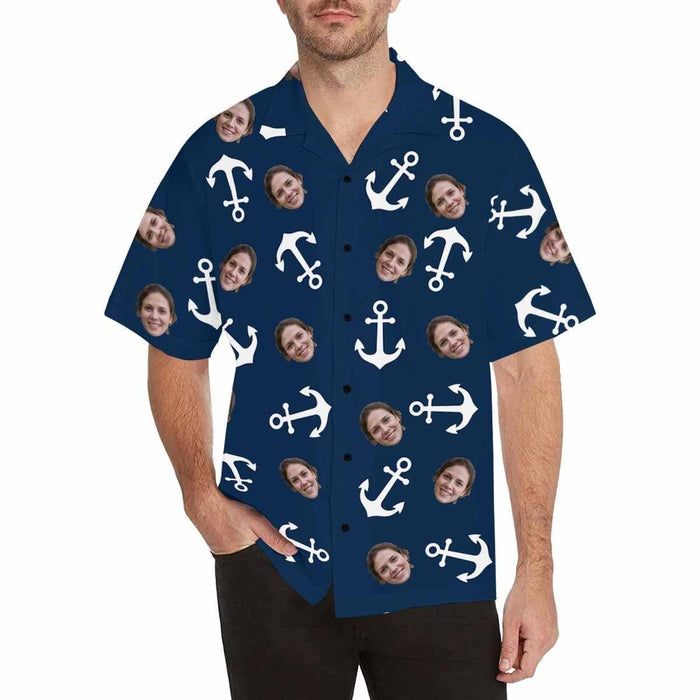 Custom Face Anchor Blue Men's All Over Print Hawaiian Shirt