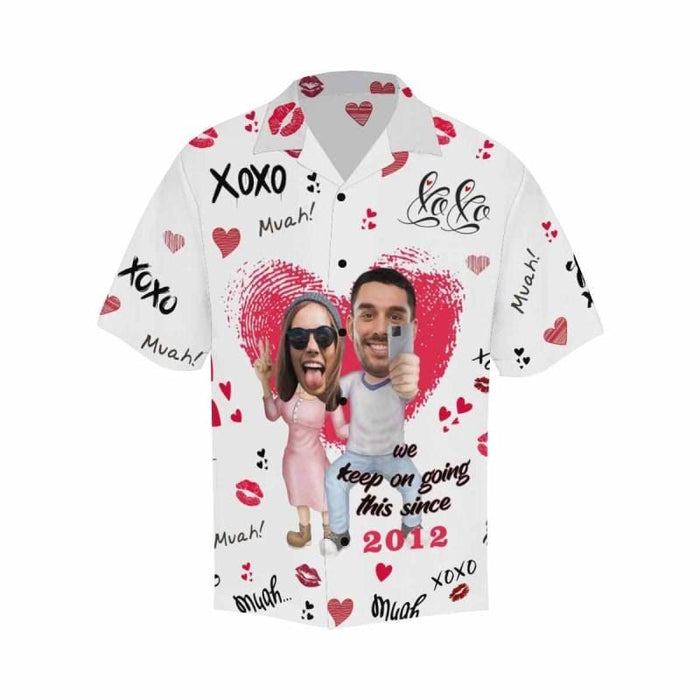 Custom Couple Face&Text Anniversary Photo Men's All Over Print Hawaiian Shirt