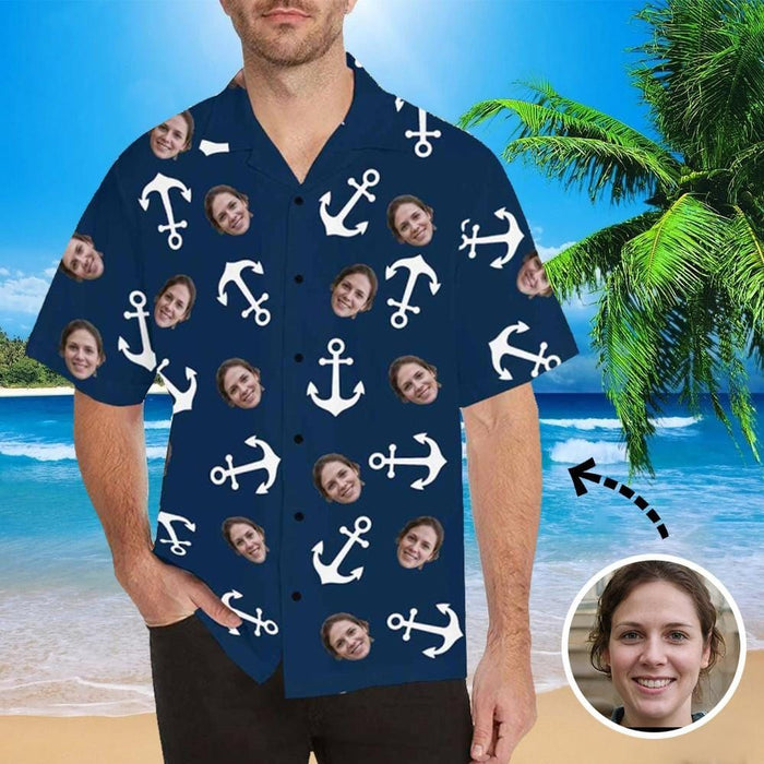 Custom Face Anchor Blue Men's All Over Print Hawaiian Shirt