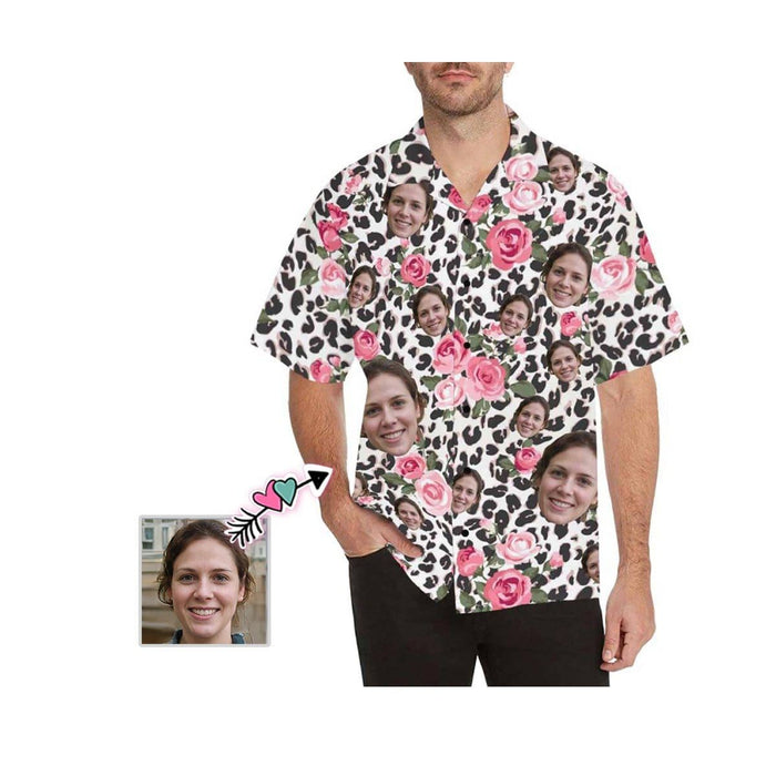 Custom Face Pink Leopard Men's All Over Print Hawaiian Shirt