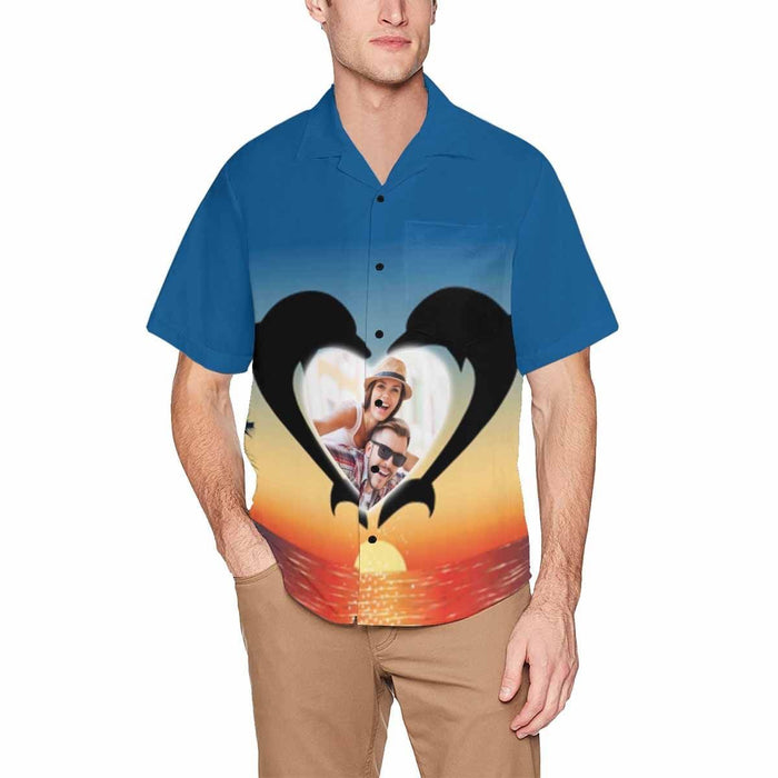 Custom Photo Love Dolphin Men's All Over Print Hawaiian Shirt With Chest Pocket