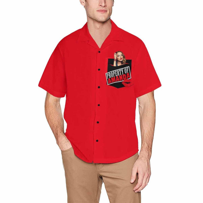 Custom Face&Name Property Red Men's All Over Print Hawaiian Shirt With Chest Pocket