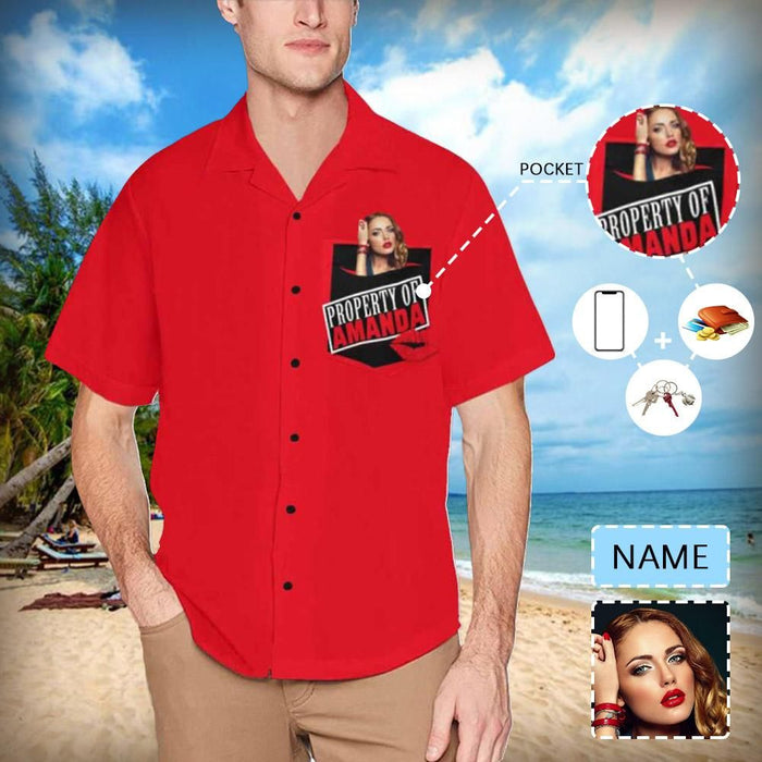 Custom Face&Name Property Red Men's All Over Print Hawaiian Shirt With Chest Pocket