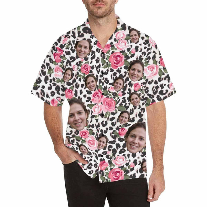 Custom Face Pink Leopard Men's All Over Print Hawaiian Shirt