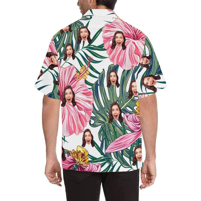 Custom Face Leaves Pink Flowers Men's Hawaiian Shirt