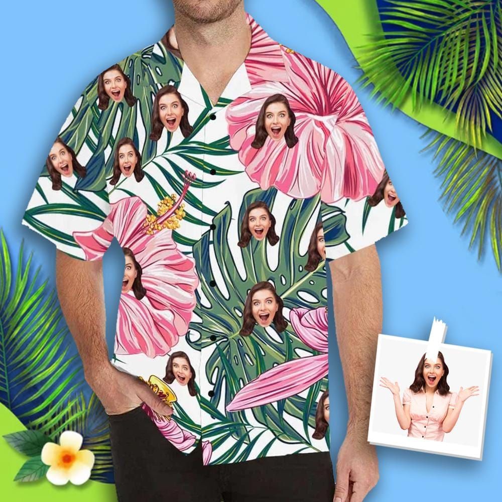 Custom Face Leaves Pink Flowers Men's Hawaiian Shirt
