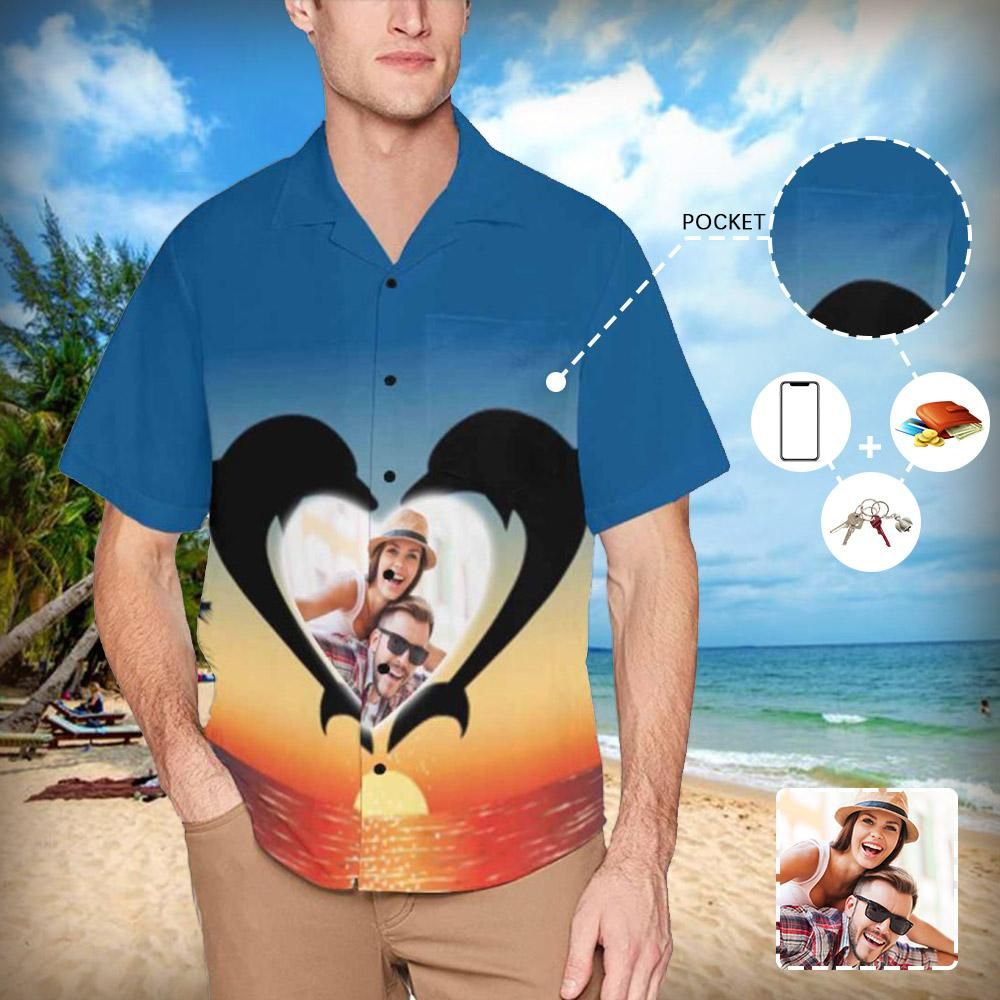 Custom Photo Love Dolphin Men's All Over Print Hawaiian Shirt With Chest Pocket
