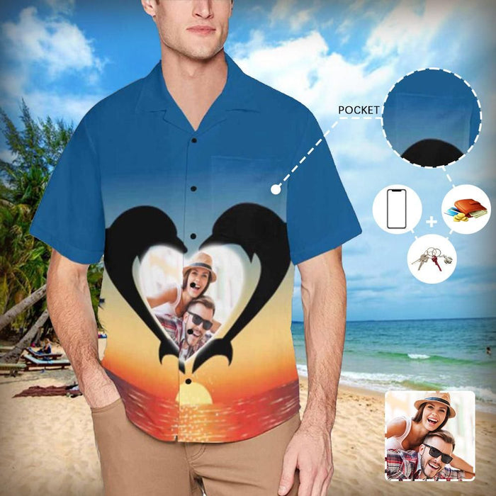 Custom Photo Love Dolphin Men's All Over Print Hawaiian Shirt With Chest Pocket