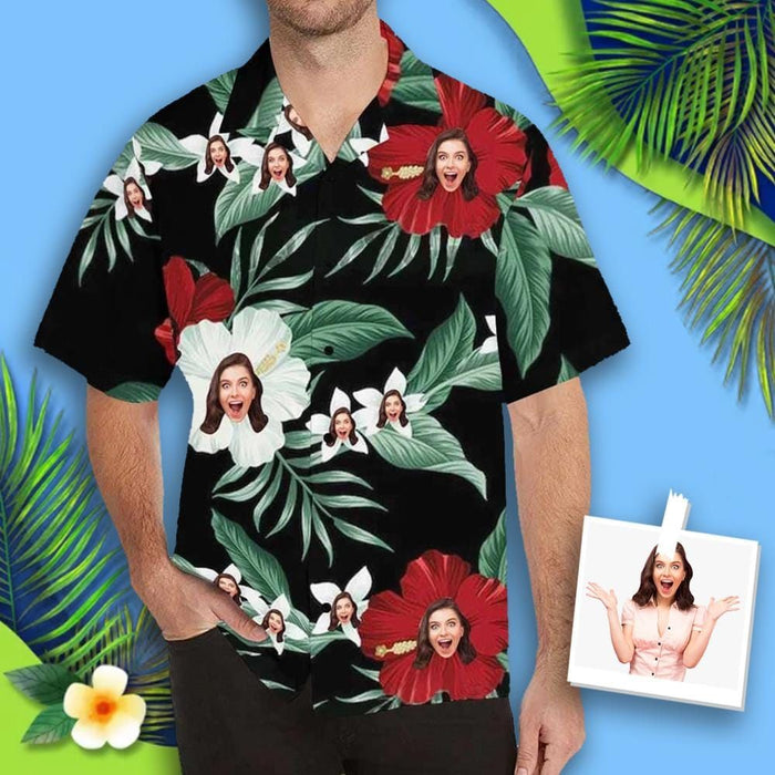 Custom Face White Flowers Men's Hawaiian Shirt