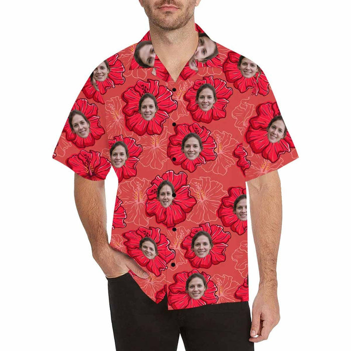 Custom Face Red Flowers Men's All Over Print Hawaiian Shirt