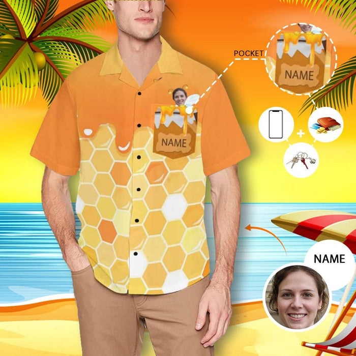 Custom Face&Name Bee Men's All Over Print Hawaiian Shirt With Chest Pocket