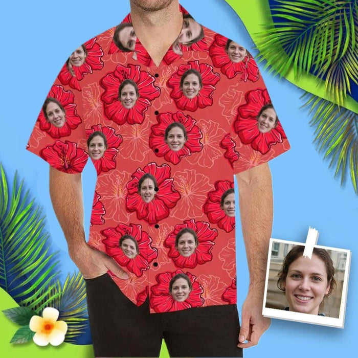 Custom Face Red Flowers Men's All Over Print Hawaiian Shirt
