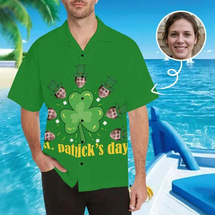 Custom Face Green Clover Men's All Over Print Hawaiian Shirt