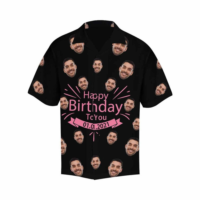 Custom Face&Text Happy Birthday Black Men's All Over Print Hawaiian Shirt