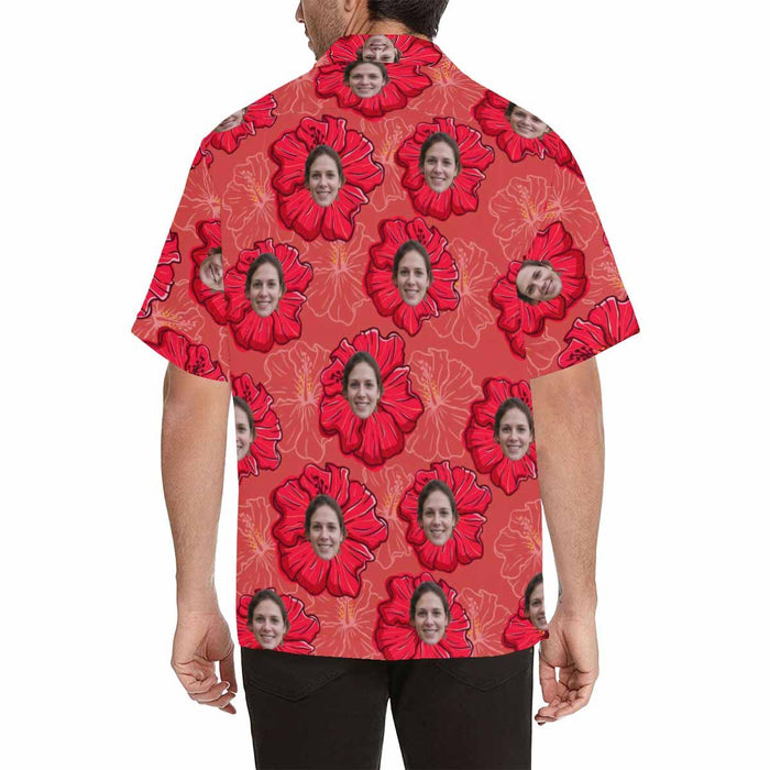 Custom Face Red Flowers Men's All Over Print Hawaiian Shirt
