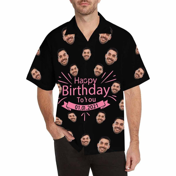 Custom Face&Text Happy Birthday Black Men's All Over Print Hawaiian Shirt