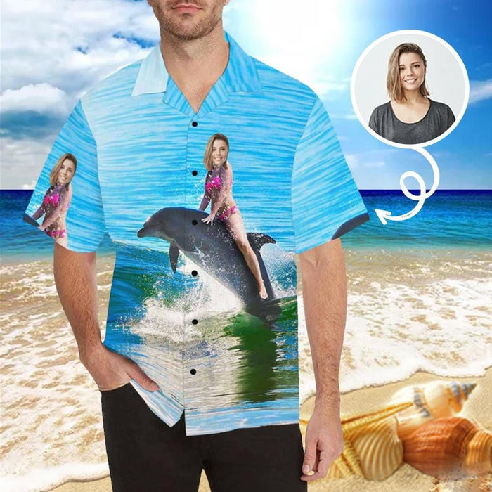 Custom Face Sea Dolphin Photo Men's All Over Print Hawaiian Shirt