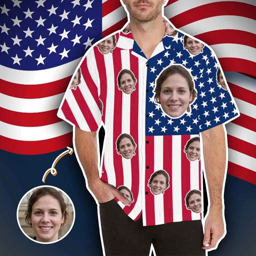 Custom Face American Flag Men's All Over Print Hawaiian Shirt