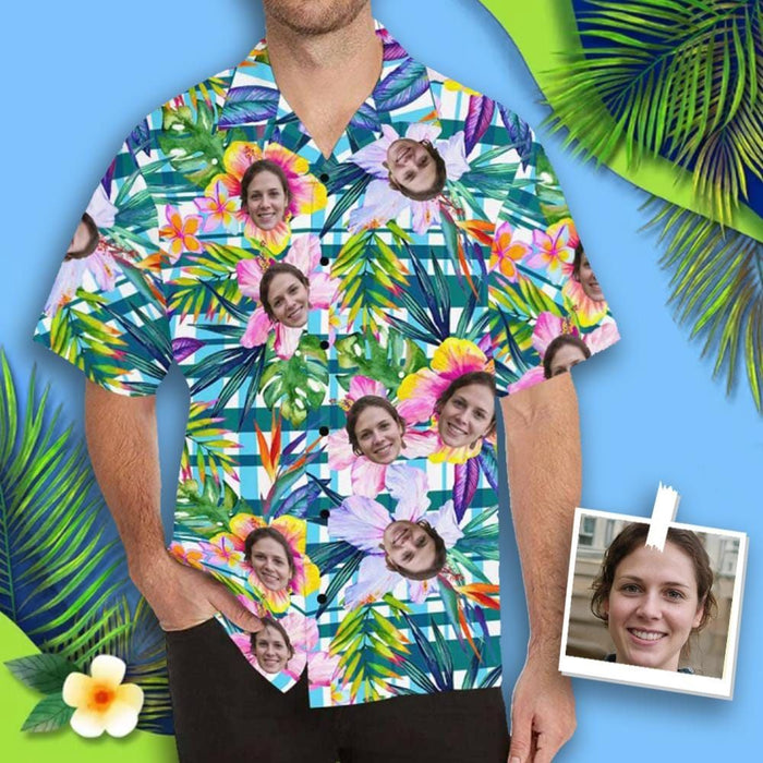 Custom Face Plaid Flower Men's All Over Print Hawaiian Shirt