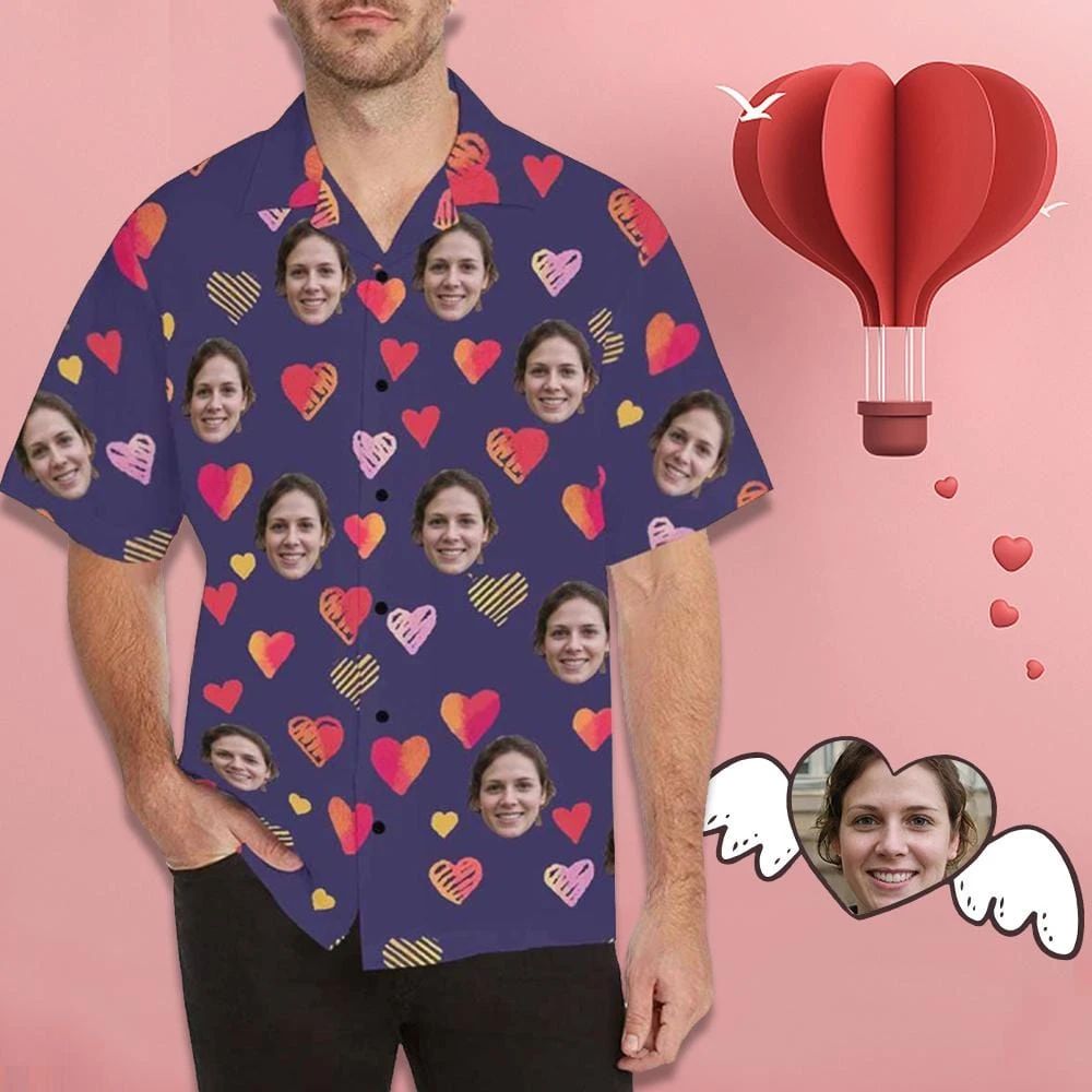 Custom Face Hearts  Purple Men's All Over Print Hawaiian Shirt