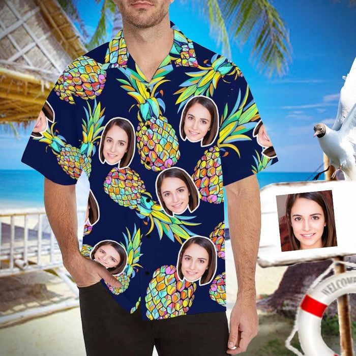 Custom Face Blue Pineapple Men's All Over Print Hawaiian Shirt