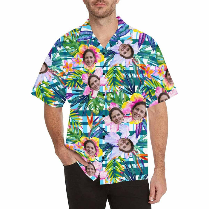 Custom Face Plaid Flower Men's All Over Print Hawaiian Shirt