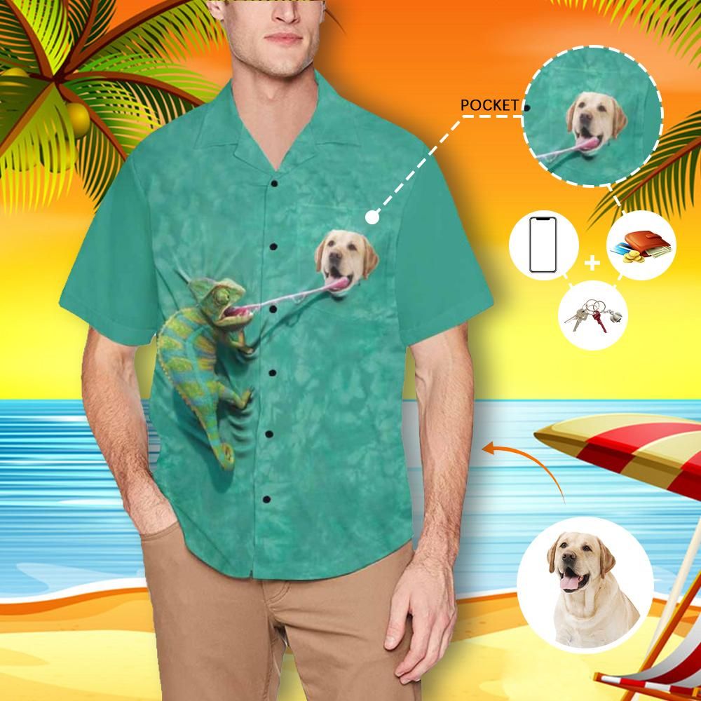 Custom Face Chameleon Green Men's All Over Print Hawaiian Shirt With Chest Pocket