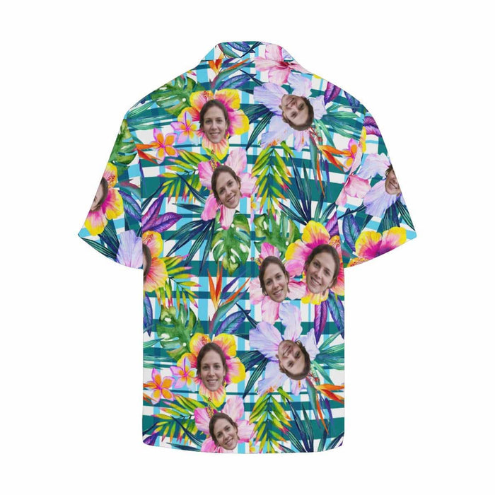 Custom Face Plaid Flower Men's All Over Print Hawaiian Shirt