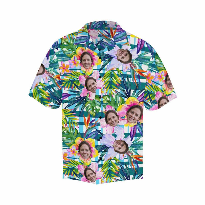 Custom Face Plaid Flower Men's All Over Print Hawaiian Shirt