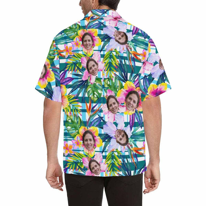 Custom Face Plaid Flower Men's All Over Print Hawaiian Shirt