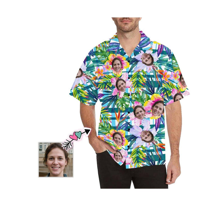 Custom Face Plaid Flower Men's All Over Print Hawaiian Shirt