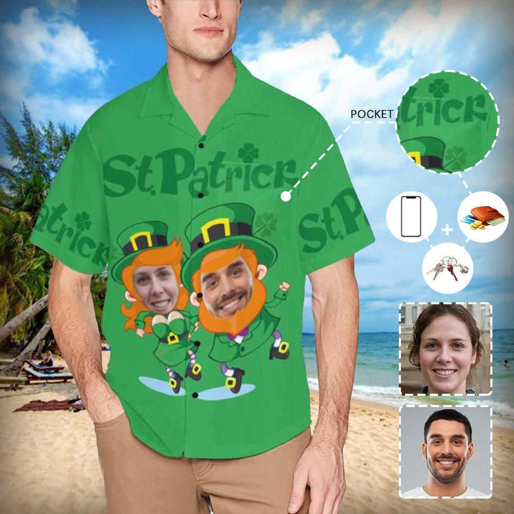 Custom Face Happy St. Patrick's Day Men's All Over Print Hawaiian Shirt With Chest Pocket