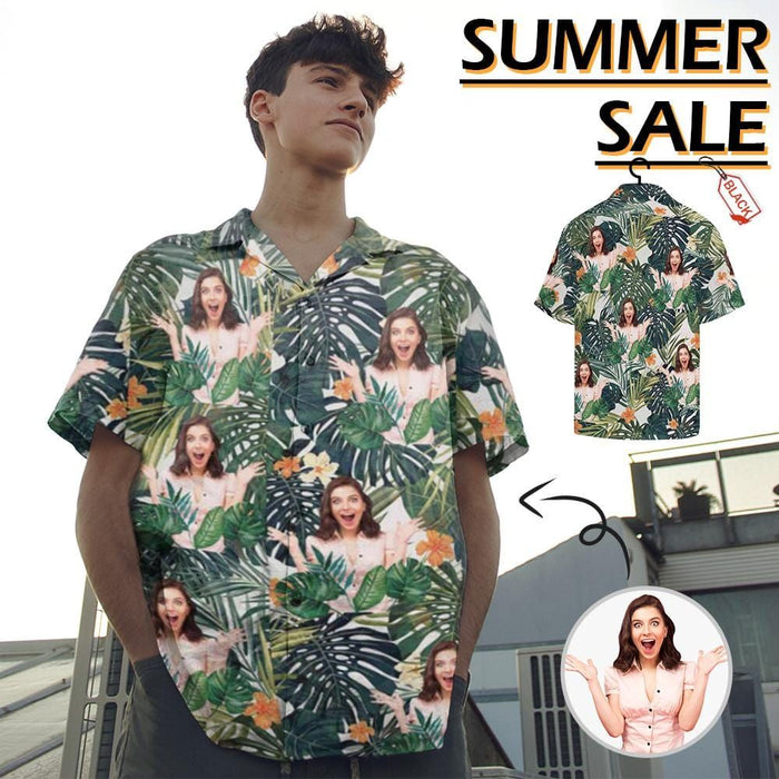 Custom Face Green Leaves Cute Plants Men's All Over Print Hawaiian Shirt