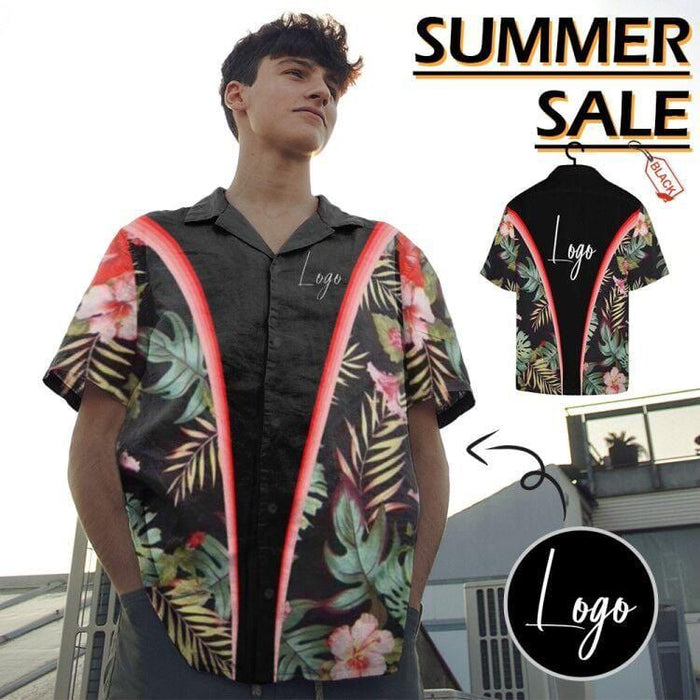 Custom Logo Pink Flower Leaves Printing Men's All Over Print Hawaiian Shirt